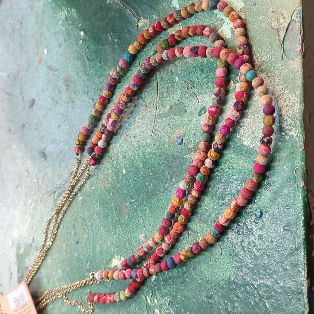 NWT Aasha by Anju Sari Scrap Beaded Gold Three Layer Chain Bohemian Necklace